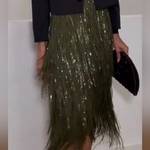 Zara Olive Green Sequin Fringe Midi Skirt